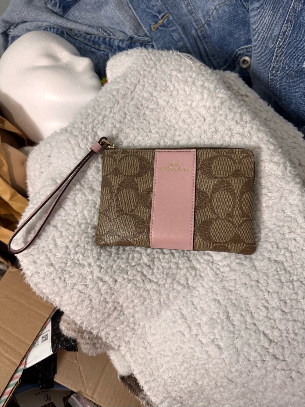 Coach Brown Signature Canvas Wristlet with Pink Stripe
